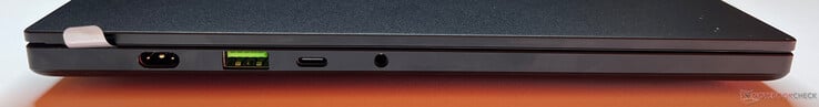 Côté gauche : Alimentation, USB-A 3.2 Gen.2 (10 Gbps), USB-C 4.0 (40 Gbps, DisplayPort 2.1, Power Delivery), audio 3,5 mm