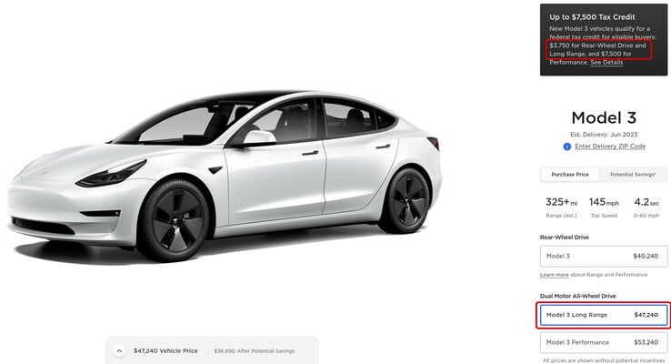 La page de configuration de la Model 3 de Tesla indique le montant des crédits d'impôt auxquels chaque niveau de finition donne droit. (Source de l'image : Tesla)