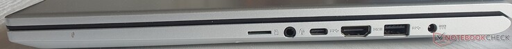 À droite : lecteur de carte µSD, port audio, USB-C 3.2 (Gen 1), HDMI 1.4, USB-A 3.2 (Gen 1), connexion d'alimentation