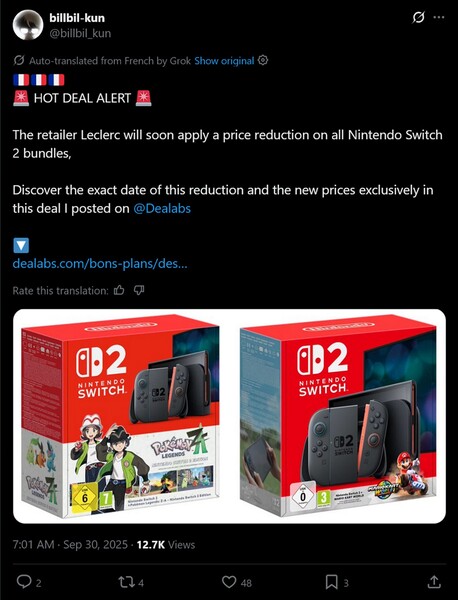 billbil-kun X post on Switch 2 price drop (Image source : screenshot, billbil-kun x account)