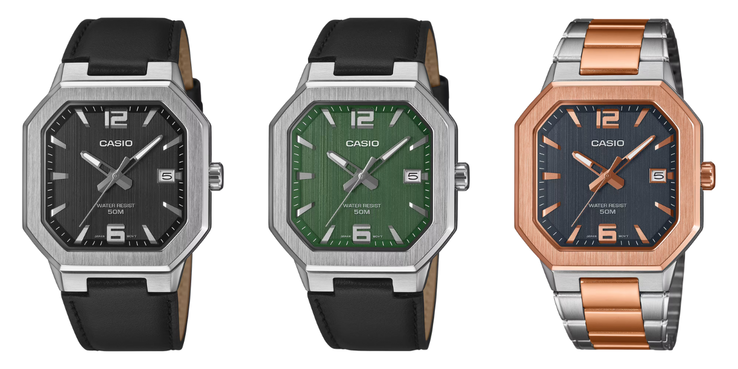 De gauche à droite : les montres Casio MTP-B195L-1AV, MTP-B195L-3AV et MTP-B195RG-2AV. (Source de l'image : Casio, édité)