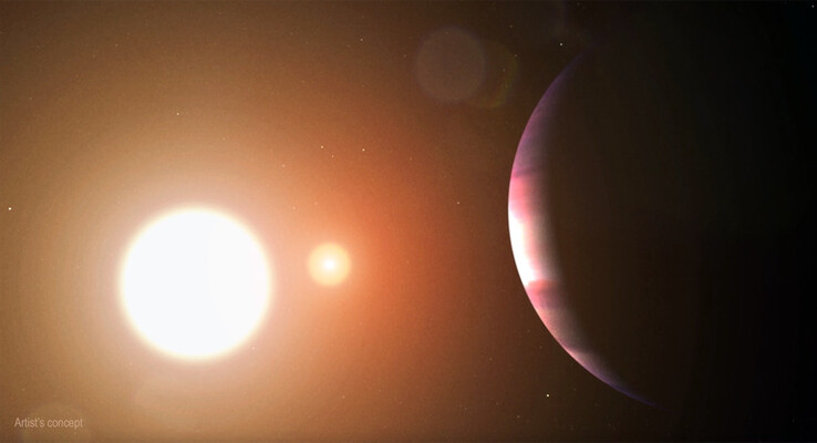 Illustration d'artiste montrant une exoplanète en orbite autour de deux étoiles.