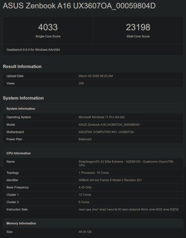 Snapdragon X2 Elite X2E-96-100 Geekbench Performances du processeur