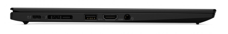 Côté gauche : Thunderbolt 3, Side-Dock (Thunderbolt 3 + LAN), USB-A (3.1 Gen.1), HDMI 1.4b, 3,5 mm stéréo.