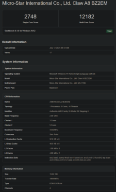 CPU AMD Ryzen Z2 Extreme Geekbench (source d'image : Geekbench)