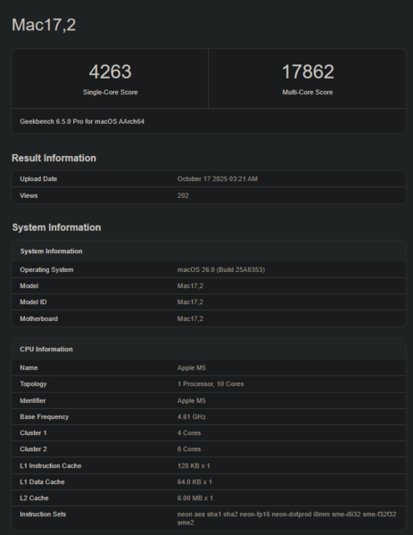 Apple Score Geekbench du M5 (source de l'image : Geekbench)