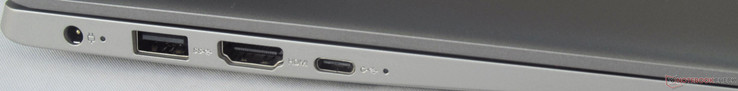 Côté gauche : entrée secteur, USB 3.0, HDMI 1.4, USB C 3.1 Gen 1, LED de statut.