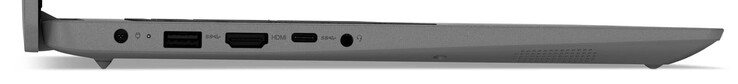 Côté gauche : Port d'alimentation, USB 3.2 Gen 1 (USB-A), HDMI, USB 3.2 Gen 1 (USB-C ; Power Delivery, Displayport), combo audio.