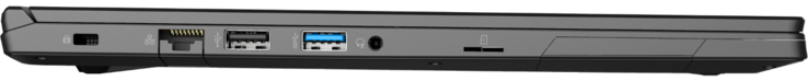 Côté gauche : verrou de sécurité Noble, GigabitLAN, USB 2.0, 1 USB 3.2 Gen. 1, prise jack, lecteur de carte micro SD.