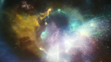 Le Yaber T1 Pro affiche un champ d'étoiles et de galaxies en mode économiseur d'écran. (Source de l'image : Notebookcheck)
