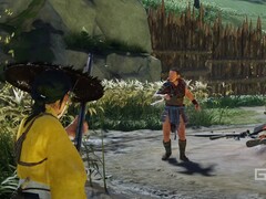 Atsu de Ghost of Yotei avec une arme à feu dans un camp ennemi. (Source de l&#039;image : PlayStation on YouTube, capture d&#039;écran)