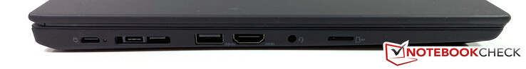 à gauche : 2x USB C 3.1 Gen 2, miniEthernet/Docking, USB A 3.0, HDMI 2.0, audio 3.5mm, microSD