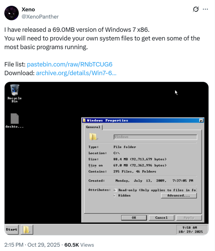 Windows 7 (photo) démarrant sur le bureau dans la version allégée de @XenoPanther (Source de l'image : @XenoPanther)