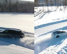 L'Audi RS4 Avant Quattro affronte la Model 3 Performance à double moteur de Tesla sur une piste d'essai hivernale. (Source de l'image : Tyre Reviews sur YouTube)