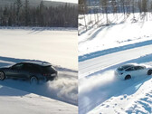 L'Audi RS4 Avant Quattro affronte la Model 3 Performance à double moteur de Tesla sur une piste d'essai hivernale. (Source de l'image : Tyre Reviews sur YouTube)