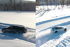 L'Audi RS4 Avant Quattro affronte la Model 3 Performance à double moteur de Tesla sur une piste d'essai hivernale. (Source de l'image : Tyre Reviews sur YouTube)
