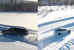 L&#039;Audi RS4 Avant Quattro affronte la Model 3 Performance à double moteur de Tesla sur une piste d&#039;essai hivernale. (Source de l&#039;image : Tyre Reviews sur YouTube)