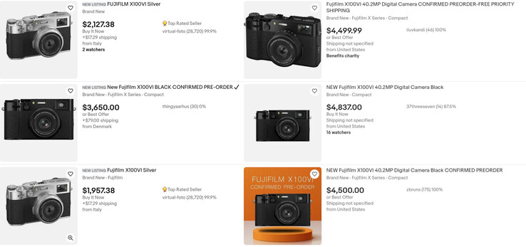 Certaines annonces sur eBay pour les pré-commandes du Fujifilm X100VI prévoient que les acheteurs paieront jusqu'à 4 800 $ pour l'appareil photo compact. (Source : eBay)