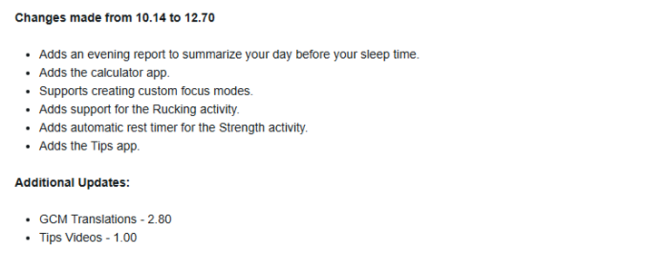 Les notes de mise à jour de la version 12.70 du logiciel de la smartwatch Garmin vivoactive 6. (Source de l'image : Garmin)