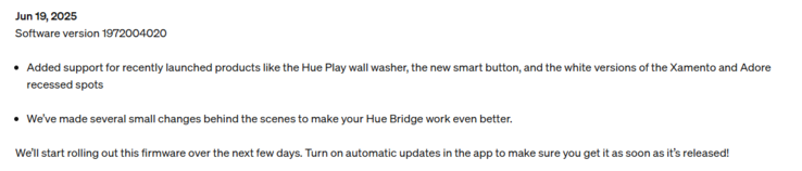Les notes de mise à jour de la version du logiciel Philips Hue Bridge 1972004020. (Source de l'image : Philips Hue)