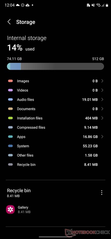 Utilisation du système sur le Galaxy S23 Ultra avec 512 Go de stockage. (Image source : NotebookCheck)