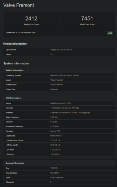 Liste Geekbench de Valve Fremont (source : Geekbench)