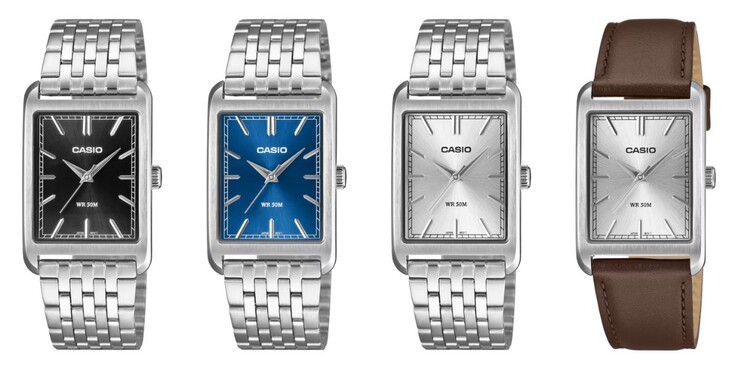 De gauche à droite : les montres Casio MTP-B215D-1AV, MTP-B215D-2AV, MTP-B215D-7AV et MTP-B215L-7AV