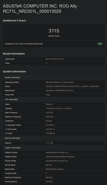 Asus ROG Ally sur Geekbench (image via Geekbench)