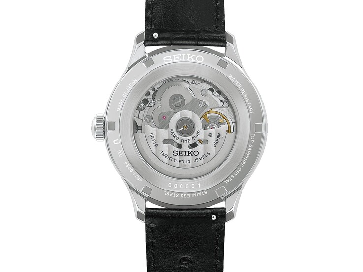 Vue arrière de la montre Seiko Presage Japanese Garden (réf. HCB007) montrant son mouvement mécanique à remontage automatique à travers le fond transparent du boîtier.