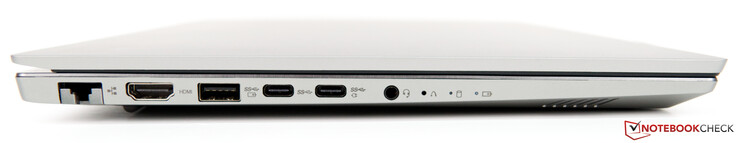 Côté gauche : Ethernet (RJ45), HDMI 1.4b, USB 3.1 Gen 1, USB C 3.1 Gen 1, USB C 3.1 Gen 2 (avec DisplayPort et charge), prise jack.