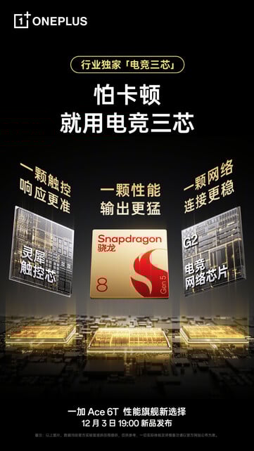 L'Ace 6T combine le Snapdragon 8 Gen 5 de Qualcomm avec les chipsets Lingxi Touch Chip et Gaming Network Chip G2. (Source de l'image : OnePlus)