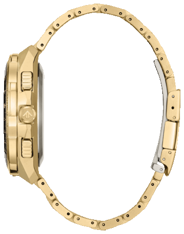 Profil latéral de la Citizen Promaster Skyhawk A-T JY8144-50E, mettant en valeur son grand boîtier en acier inoxydable doré, sa couronne et son bracelet intégré.