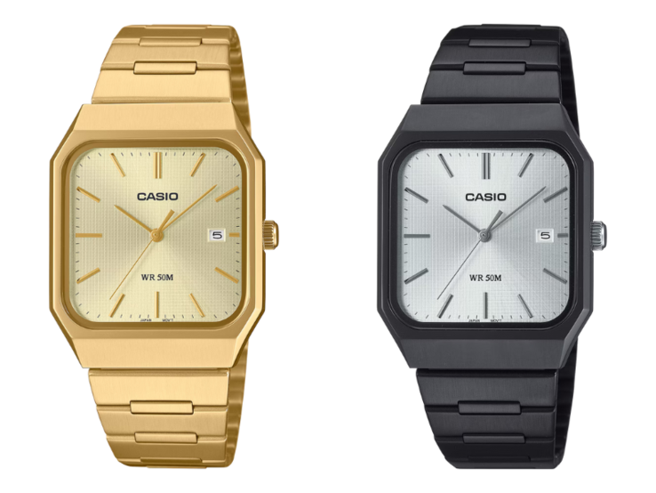 De gauche à droite : les montres Casio MTP-B185B-7AV et MTP-B185G-9AV
