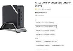 Configurations Minisforum Venus Series UM560 XT (source : Minisforum)