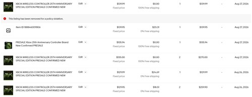 Ventes sur eBay de la manette sans fil Xbox X25 Édition spéciale