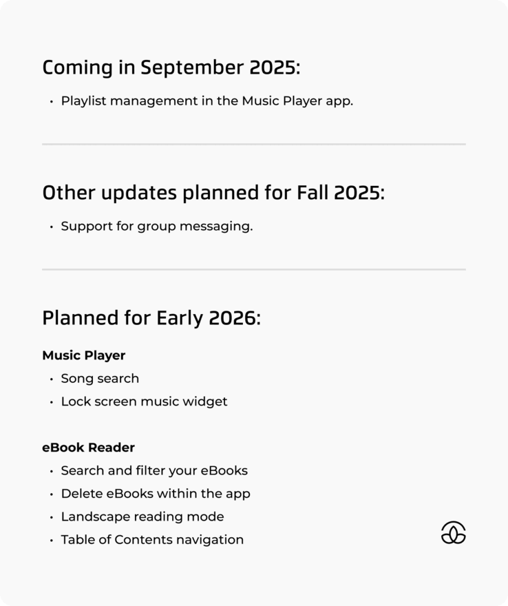 La feuille de route de la mise à jour du Mudita Kompakt de l'automne 2025 au début 2026 (Image source : Mudita)