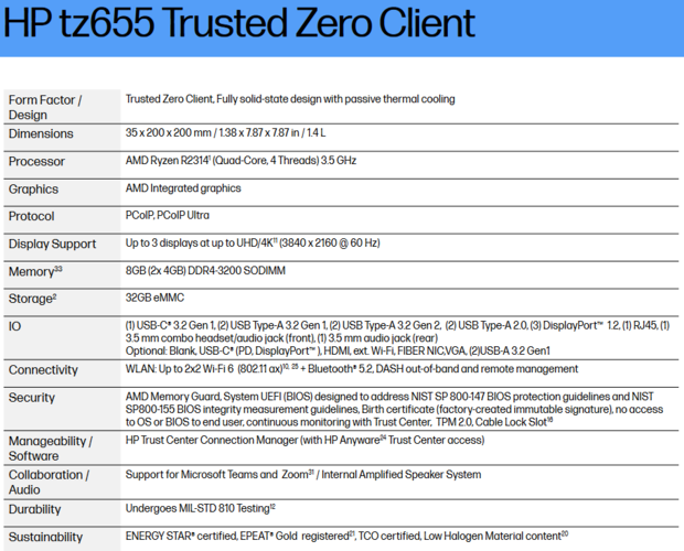 Spécifications du client zéro de confiance HP tz655 (image via HP)