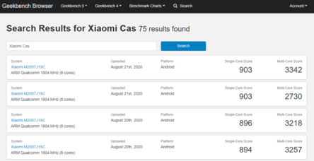 La recherche de Xiaomi Cas dans la base de données Geekbench 5 ne renvoie que les résultats pour le Xiaomi M2007J1SC. (Source de l'image : Geekbench)