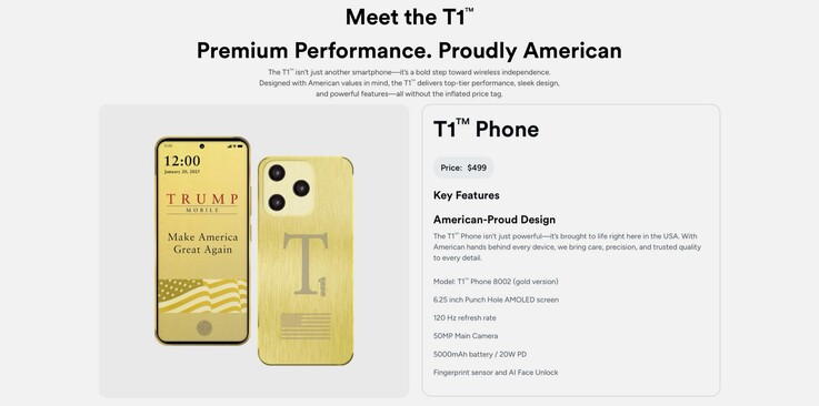 Le design, le prix et les spécifications du Trump T1 ne correspondent pas à ce qui est annoncé sur la page du produit.
