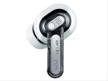 Une image marketing divulguée montre un gros plan des écouteurs Nothing Ear (3) en blanc (source : Android Headlines)