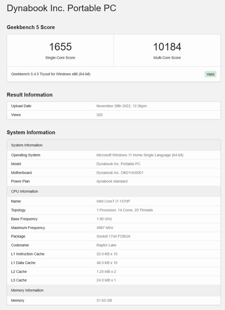 Intel Raptor Lake Core i7-1370P dans un ordinateur portable Dynabook. (Source : Geekbench)