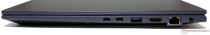 Droite : Thunderbolt 4, USB 3.2 Gen2 Type-C (DisplayPort/Power Delivery), USB 3.2 Gen1 Type-A, HDMI 2.1-out, RJ-45, DC-in