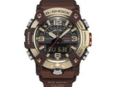 Gros plan sur la G-Shock Mudmaster GG-B100XMH-5A, mettant en valeur son boîtier et sa lunette de couleur or jaune clair et marron.
