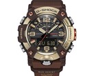 Gros plan sur la G-Shock Mudmaster GG-B100XMH-5A, mettant en valeur son boîtier et sa lunette de couleur or jaune clair et marron.