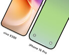 Le Vivo X300 à côté d'un iPhone 16 Pro, de gauche à droite. (Source de l'image : Han Bo Xiao - édité)