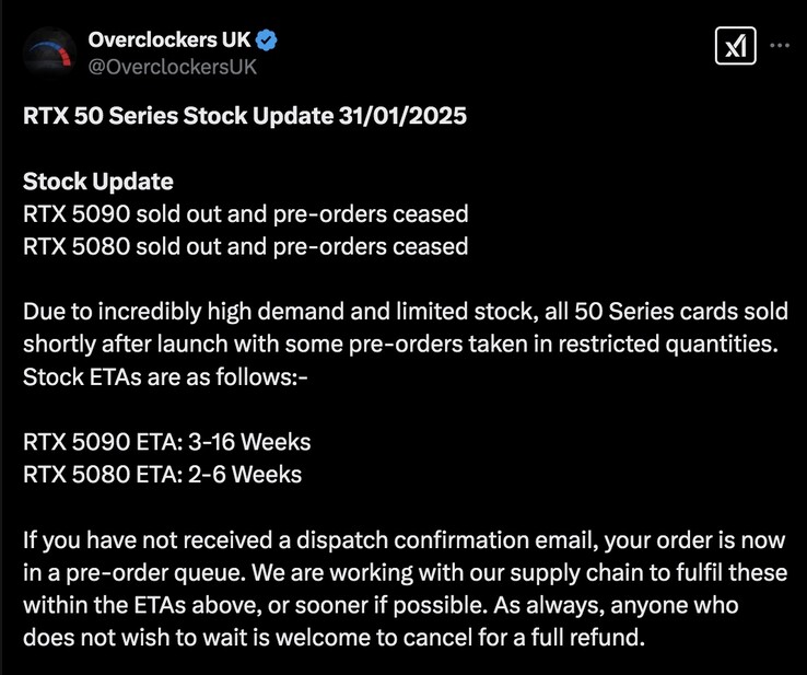 Les joueurs britanniques devront attendre un peu avant de pouvoir se procurer le nouveau GPU GeForce RTX 50. (Source de l'image : Overclockers UK)