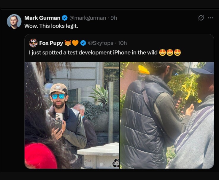 Mark Gurman réagit à un prétendu prototype d'iPhone 17 Pro repéré en public, publié à l'origine par @Skyfops sur X (anciennement Twitter). L'image montre un homme tenant un appareil de test avec un étui unique, tandis qu'une autre personne semble bloquer la vue. (Image : @Skyfops / @markgurman sur X)