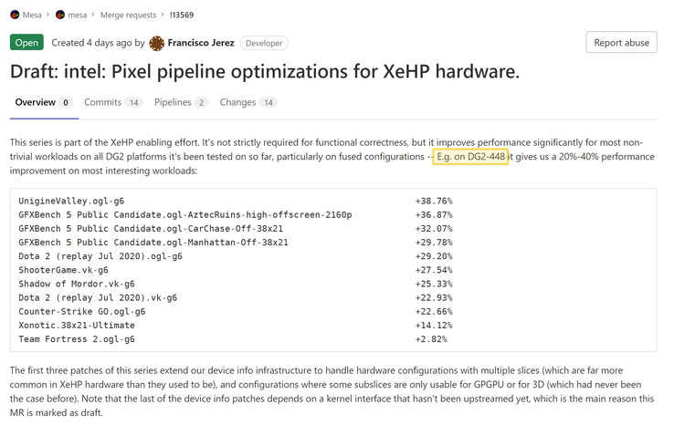 Xe-HPG DG2-448 référencé dans un récent commit MESA. (Source : Freedesktop)