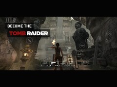 Gameplay de Tomb Raider sur iPhone ou iPad montrant Lara Croft explorant les ruines d'un temple avec les commandes tactiles visibles à l'écran