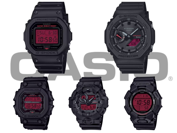 Dans le sens des aiguilles d'une montre, en partant du haut à gauche : la Casio DW-5600BBR-1, GA-B2100BBR-1A, GD-010BBR-1JF, GA-700BBR-1AJF et GX-56BBR-1A - la gamme G-Shock originale 